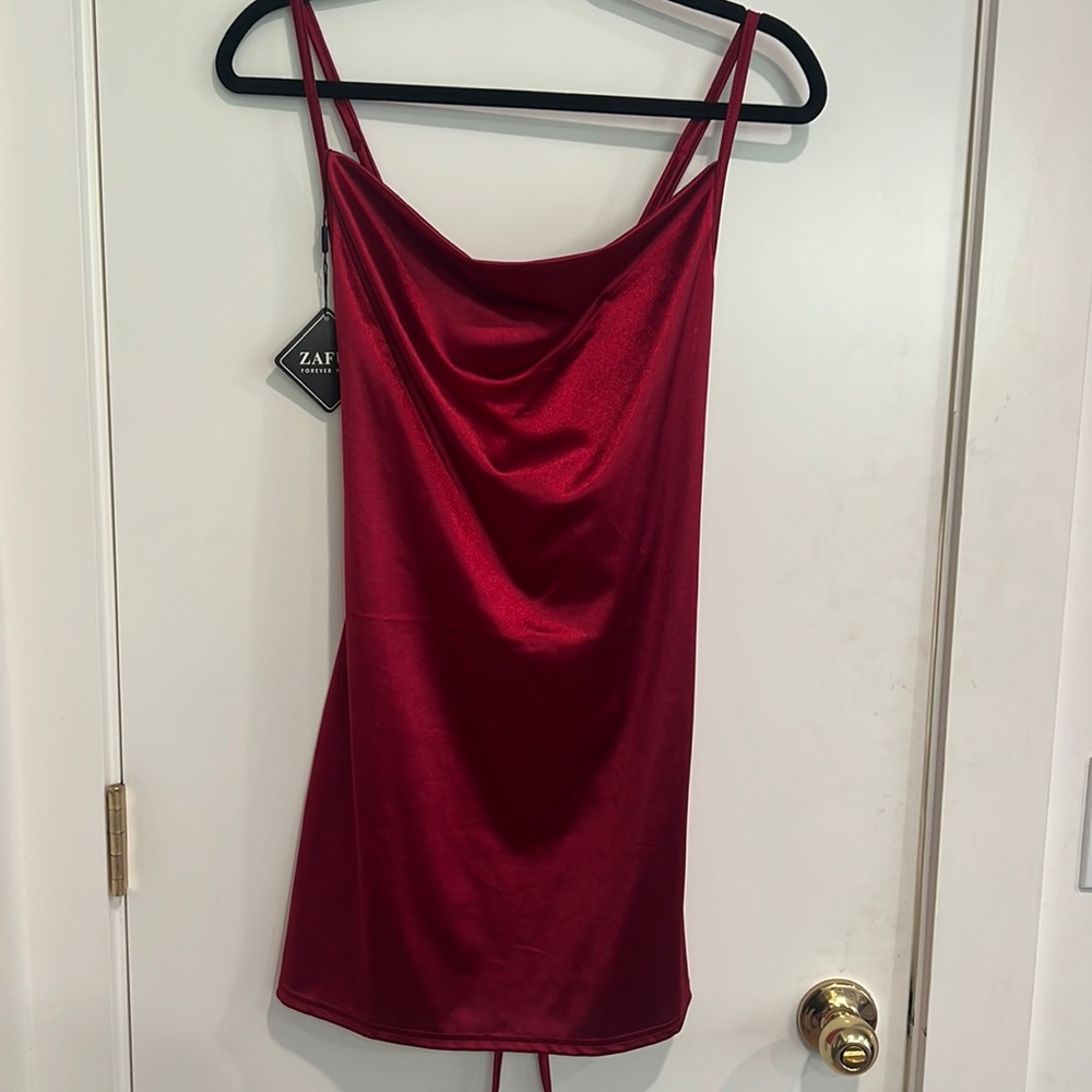 Red silky cowl neck mini dress